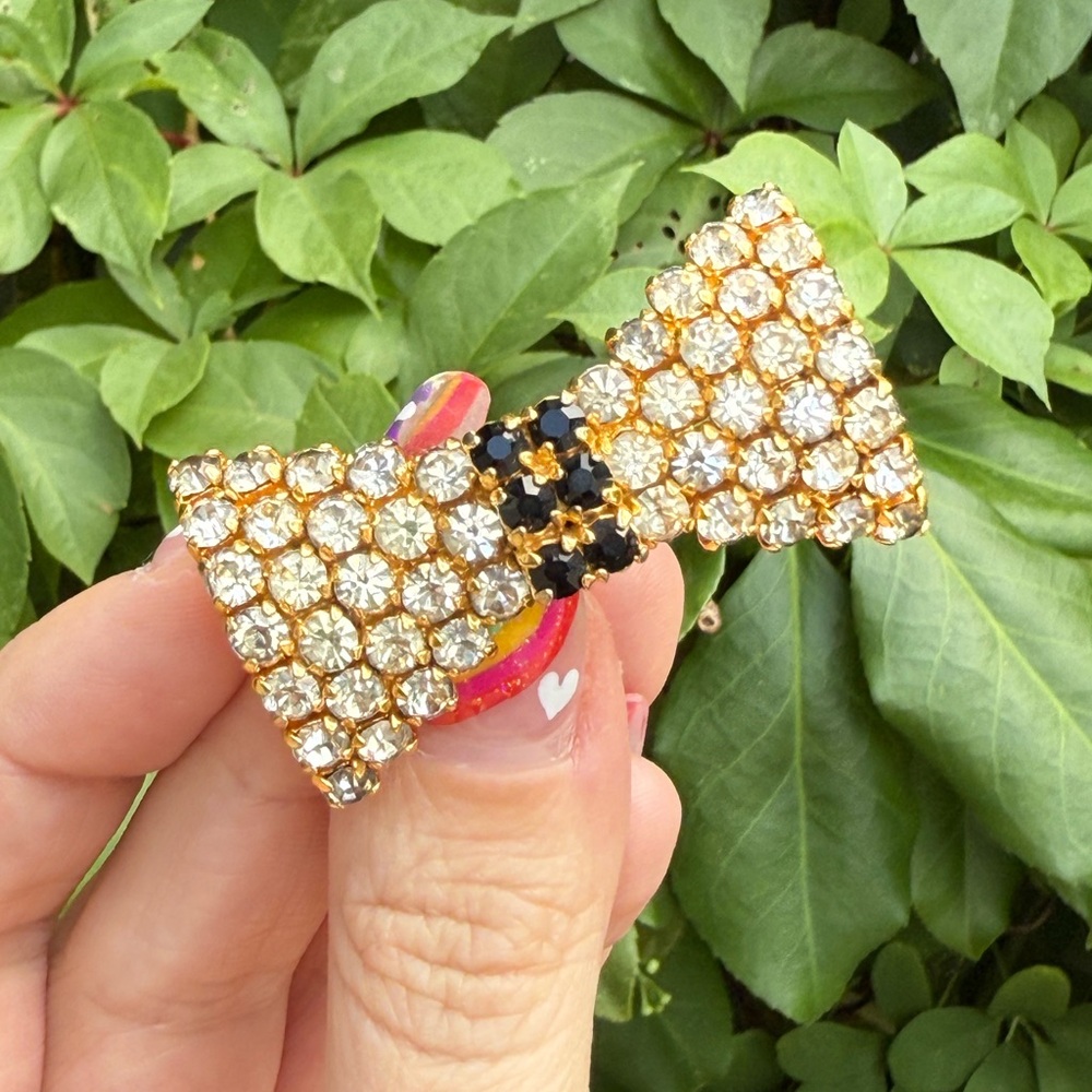 SOLD | Celine Gold and Black Bow Brooch with Crystal Accents